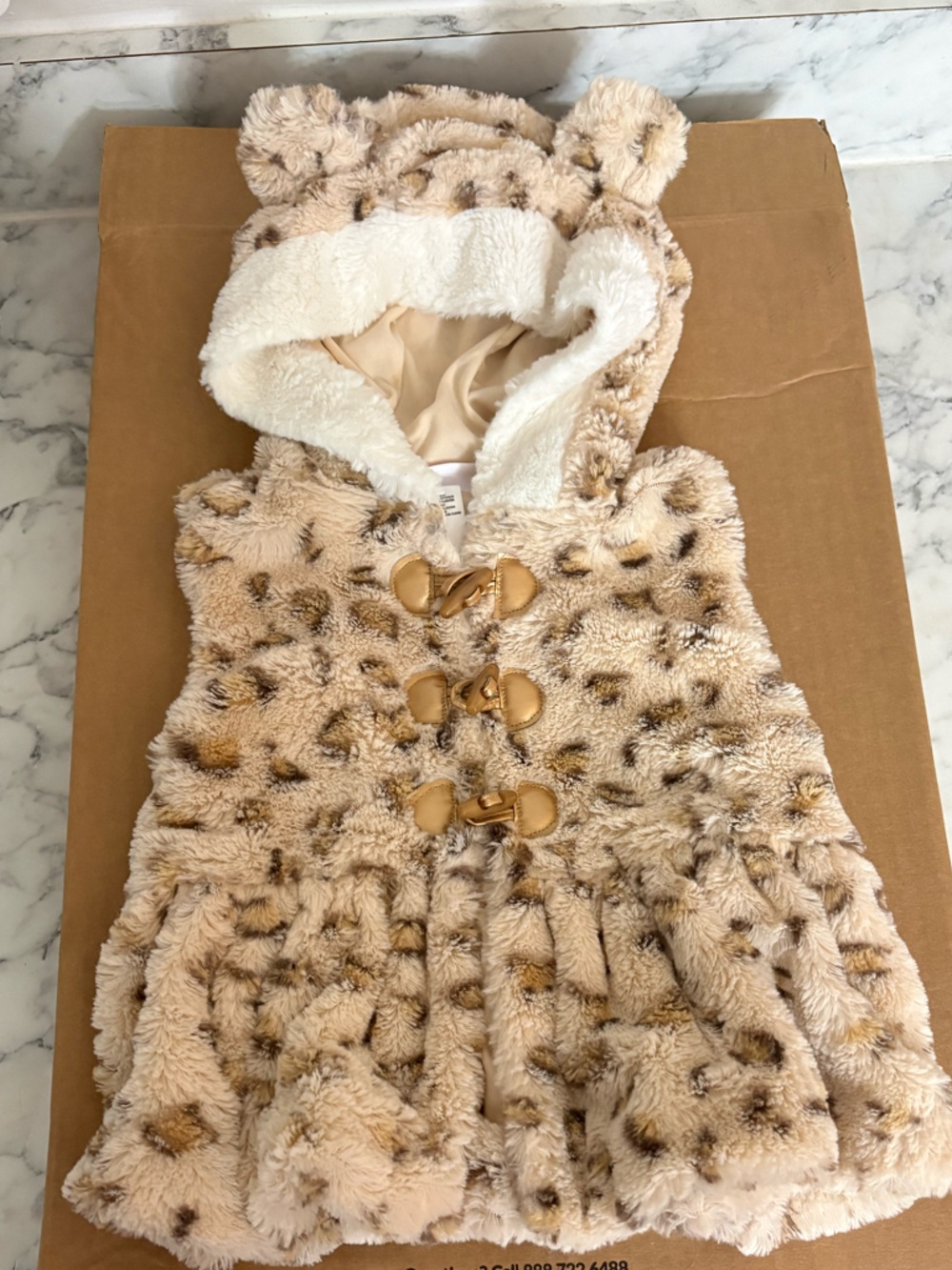 Little Lass Beige & Brown Faux Fur Hooded Vest with Toggle Closures